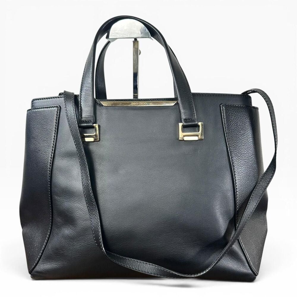 Jimmy Choo Satchel Bag Womens Large Black Leather Top Handle Work Purse Italy